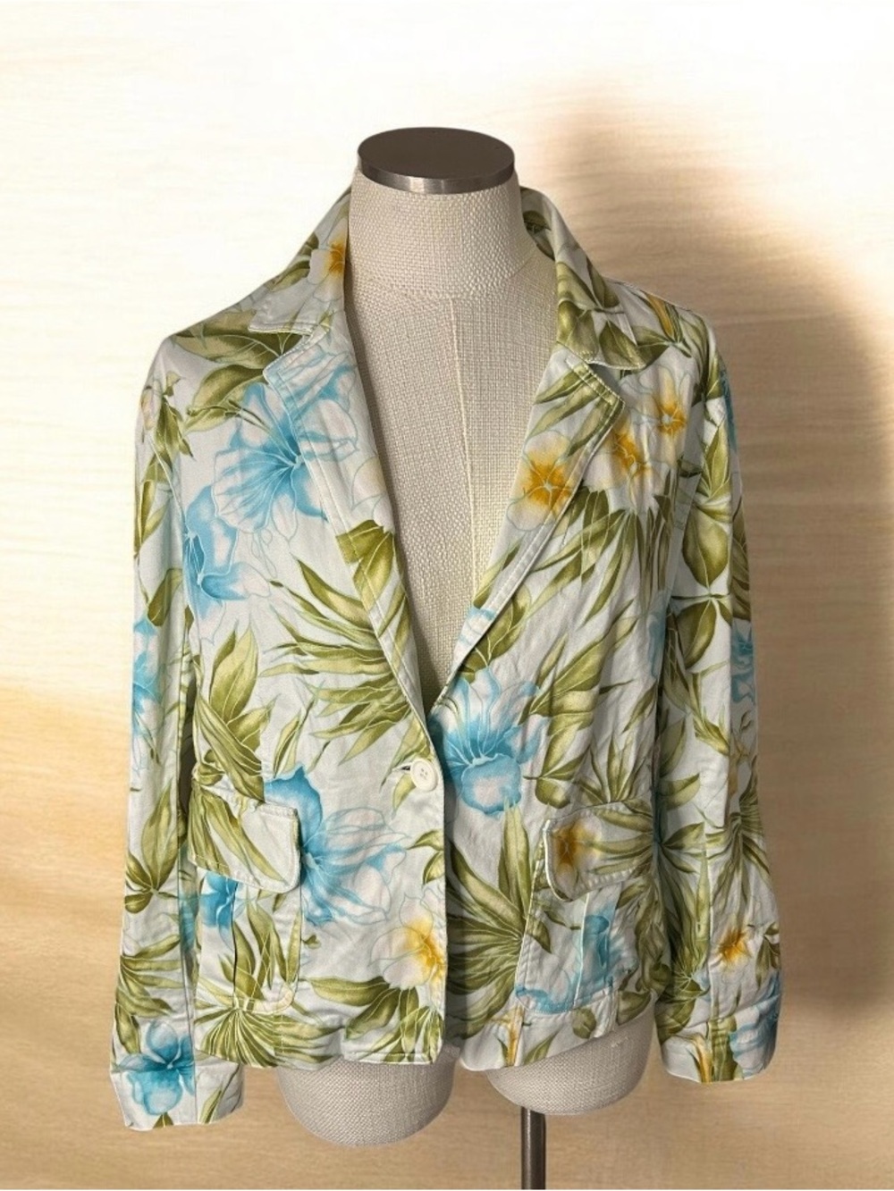 Jamaica Bay Tropical Floral Cotton Blazer XL Blue Green Resort Jacket